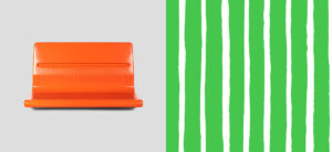 Kaksi kuvaa vierekkäin, oranssi metron penkki ja vihreä-valkoinen raita.
